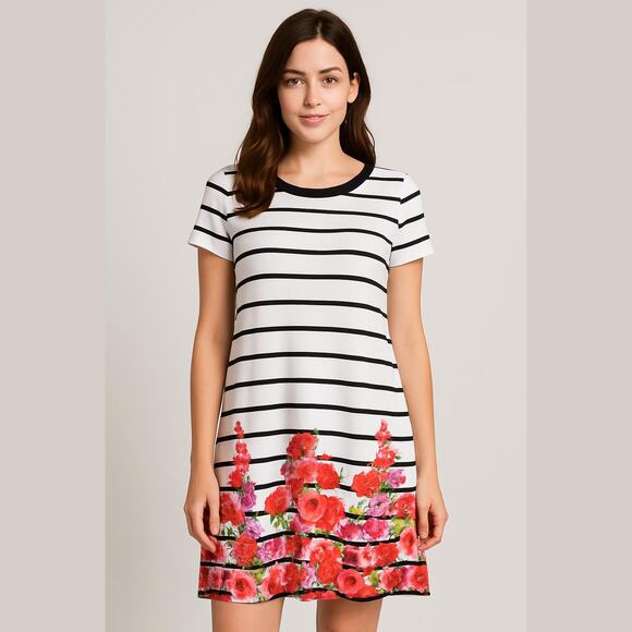 Jessica Simpson White Black Stripes Pink Floral Short Sleeve Shift Dress Plus 14 - Picture 1 of 14
